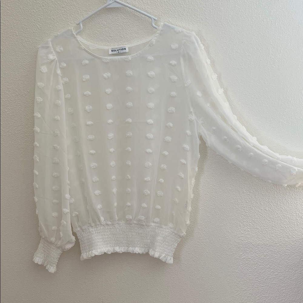 Solution White Swiss Dot Smocked-Hem Blouse